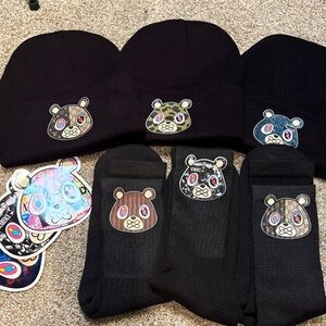 OWNYC Black Beanie and Sock Set with Bear Patch AND STICKERS